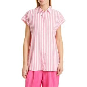 Hugo Boss NWT Women's Bruga Stripe Short Sleeve Shirt Pink White Size 2